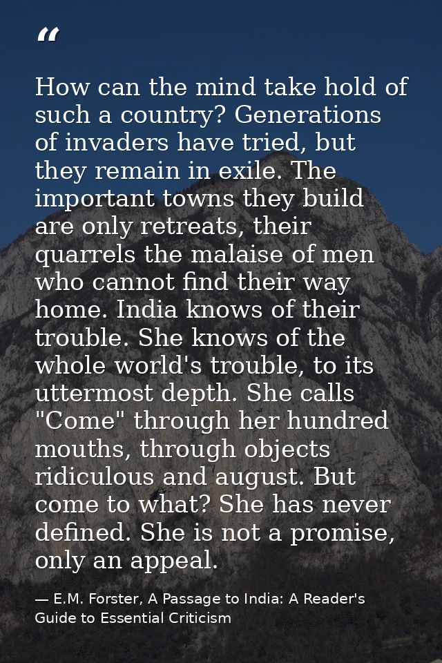 How can the mind take hold of such a country? Generations of invaders have tried, but they remain in exile. The importan — E.M. Forster, A Passage to India: A Reader's Guide to Essential Criticism