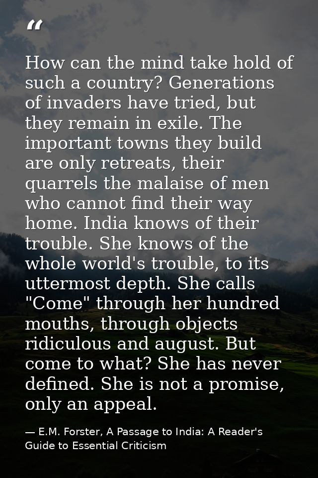 How can the mind take hold of such a country? Generations of invaders have tried, but they remain in exile. The importan — E.M. Forster, A Passage to India: A Reader's Guide to Essential Criticism