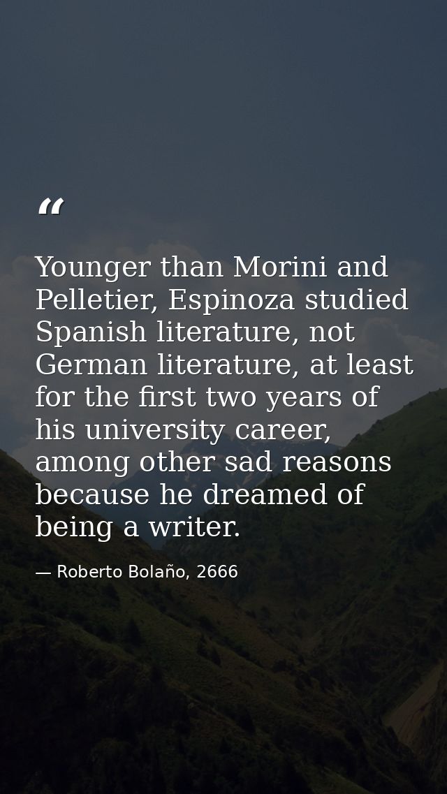 Younger than Morini and Pelletier, Espinoza studied Spanish literature, not German literature, at least for the first tw — Roberto Bolaño, 2666