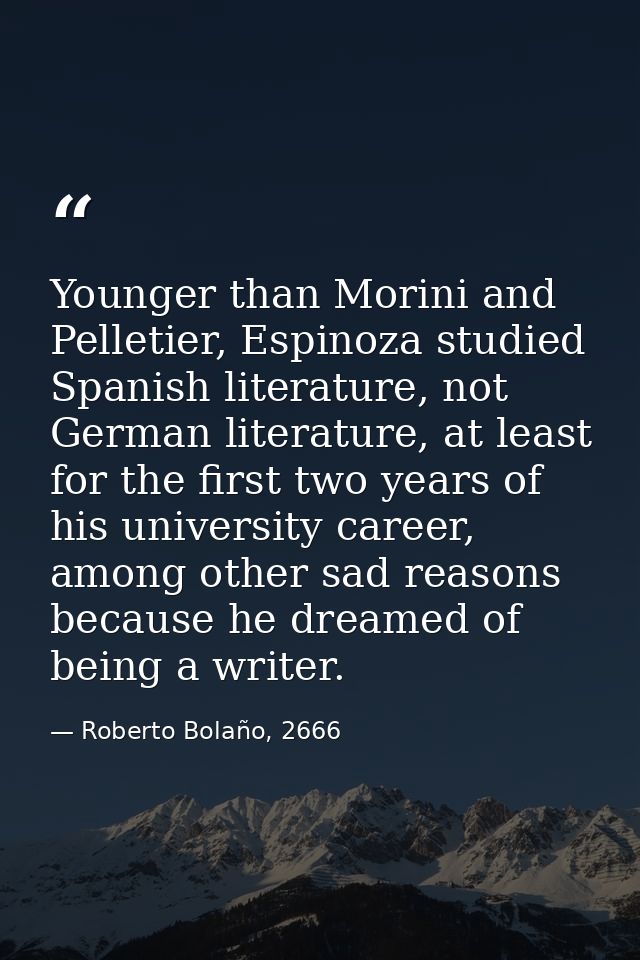 Younger than Morini and Pelletier, Espinoza studied Spanish literature, not German literature, at least for the first tw — Roberto Bolaño, 2666