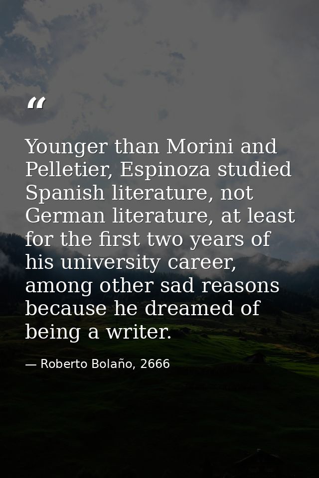 Younger than Morini and Pelletier, Espinoza studied Spanish literature, not German literature, at least for the first tw — Roberto Bolaño, 2666