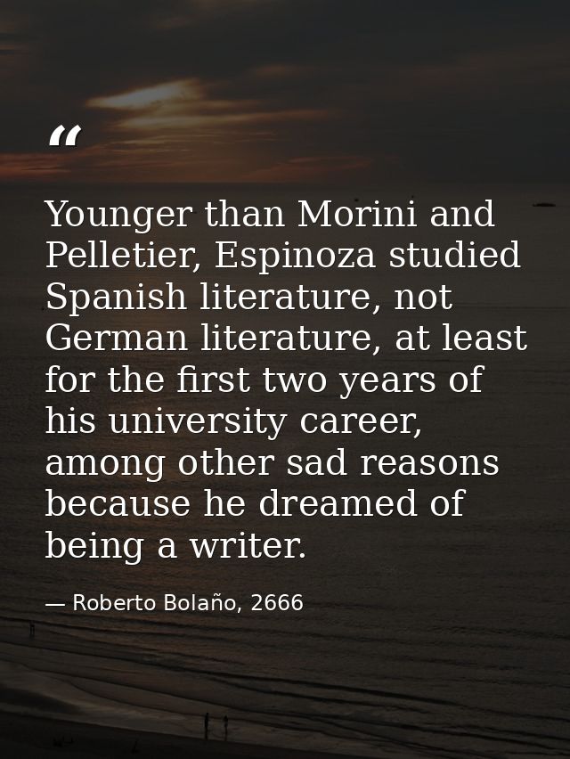 Younger than Morini and Pelletier, Espinoza studied Spanish literature, not German literature, at least for the first tw — Roberto Bolaño, 2666