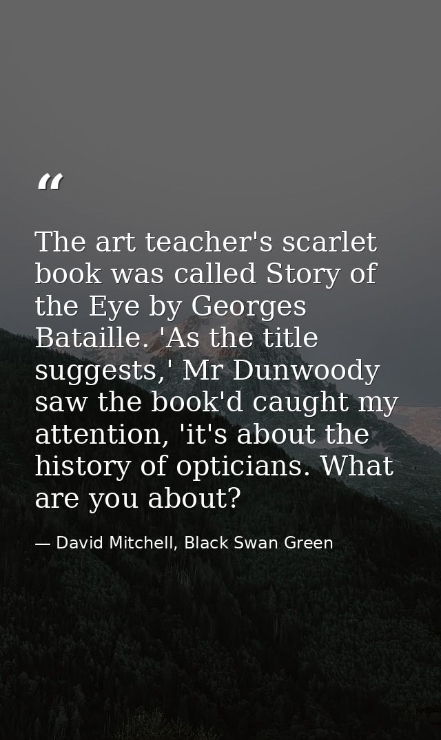 The art teacher's scarlet book was called Story of the Eye by Georges Bataille. 'As the title suggests,' Mr Dunwoody saw — David Mitchell, Black Swan Green