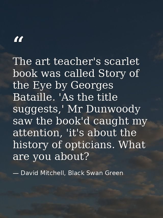The art teacher's scarlet book was called Story of the Eye by Georges Bataille. 'As the title suggests,' Mr Dunwoody saw — David Mitchell, Black Swan Green