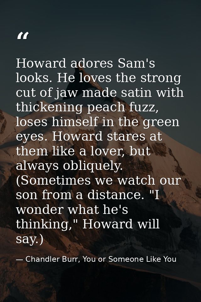 Howard adores Sam's looks. He loves the strong cut of jaw made satin with thickening peach fuzz, loses himself in the gr — Chandler Burr, You or Someone Like You
