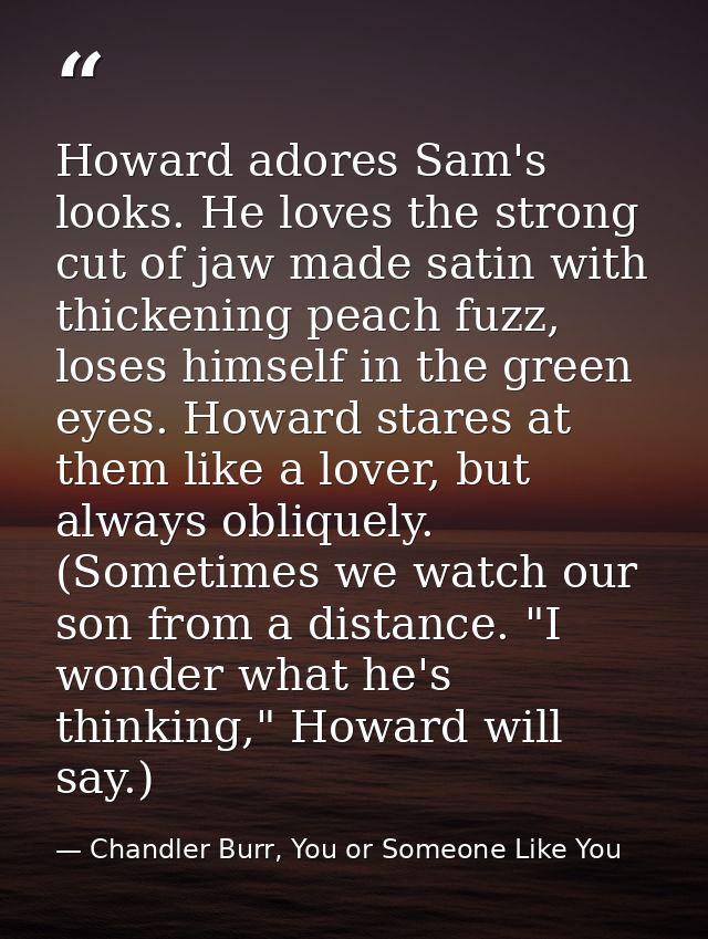 Howard adores Sam's looks. He loves the strong cut of jaw made satin with thickening peach fuzz, loses himself in the gr — Chandler Burr, You or Someone Like You