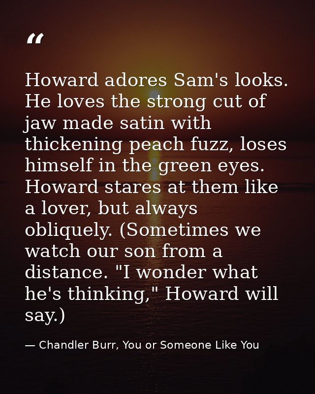 Howard adores Sam's looks. He loves the strong cut of jaw made satin with thickening peach fuzz, loses himself in the gr — Chandler Burr, You or Someone Like You
