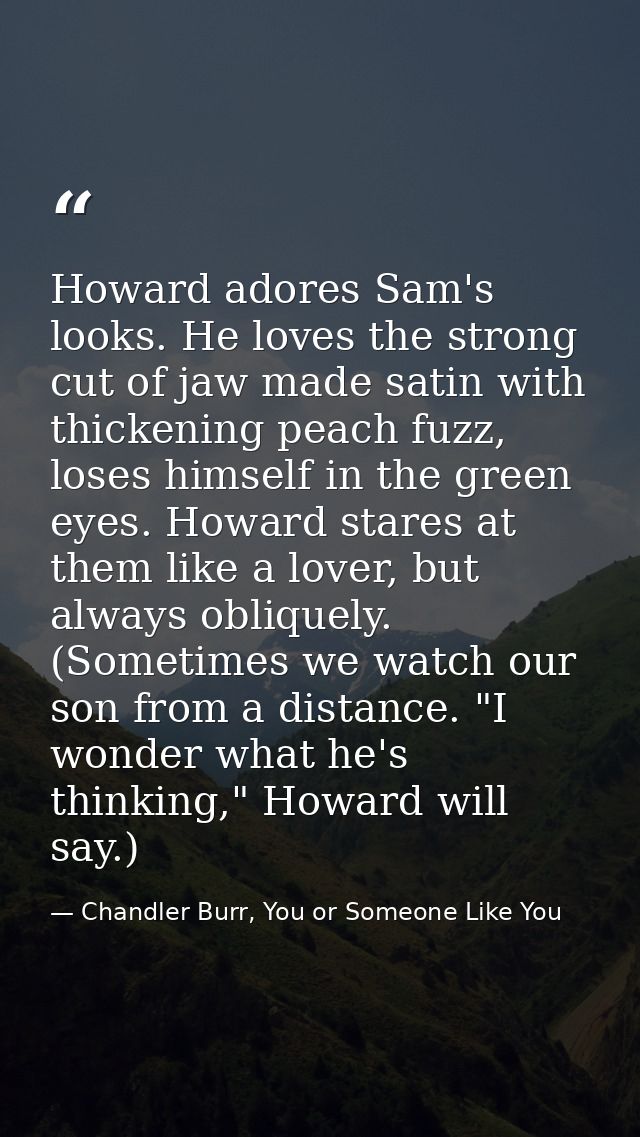 Howard adores Sam's looks. He loves the strong cut of jaw made satin with thickening peach fuzz, loses himself in the gr — Chandler Burr, You or Someone Like You