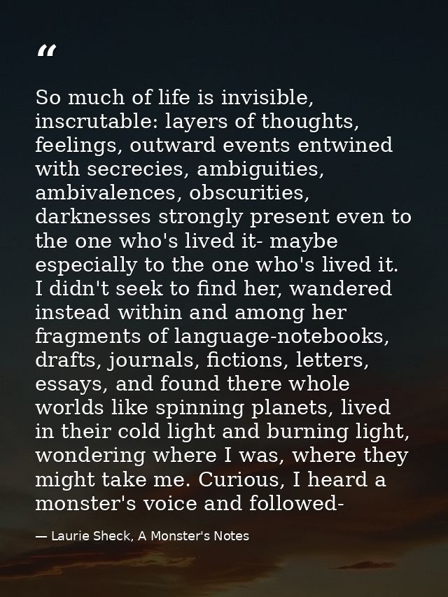 So much of life is invisible, inscrutable: layers of thoughts, feelings, outward events entwined with secrecies, ambigui — Laurie Sheck, A Monster's Notes