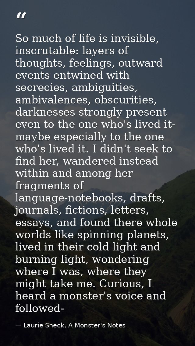 So much of life is invisible, inscrutable: layers of thoughts, feelings, outward events entwined with secrecies, ambigui — Laurie Sheck, A Monster's Notes