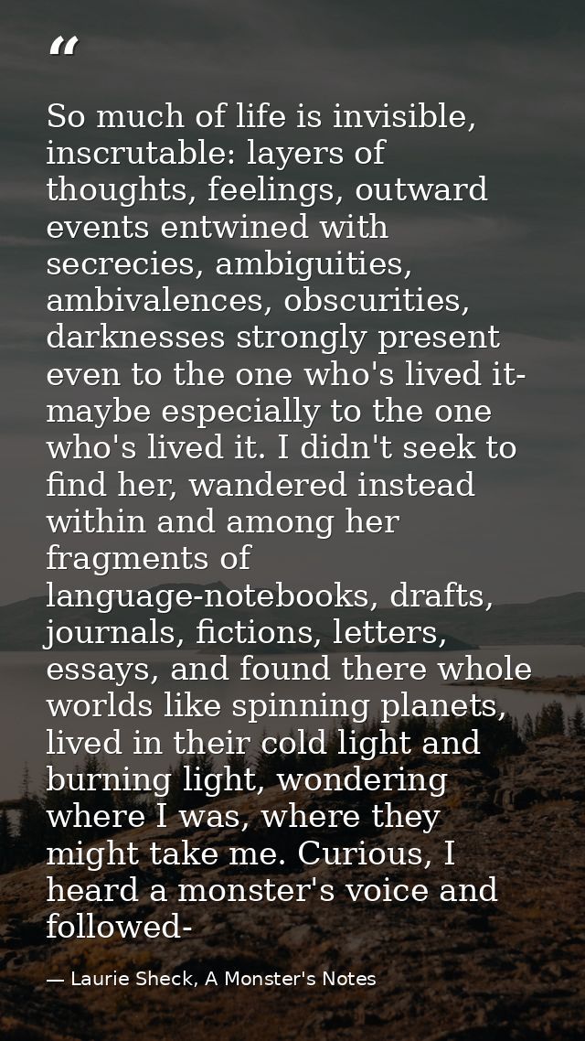 So much of life is invisible, inscrutable: layers of thoughts, feelings, outward events entwined with secrecies, ambigui — Laurie Sheck, A Monster's Notes