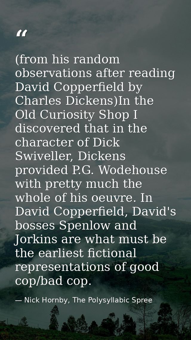 (from his random observations after reading David Copperfield by Charles Dickens)In the Old Curiosity Shop I discovered  — Nick Hornby, The Polysyllabic Spree