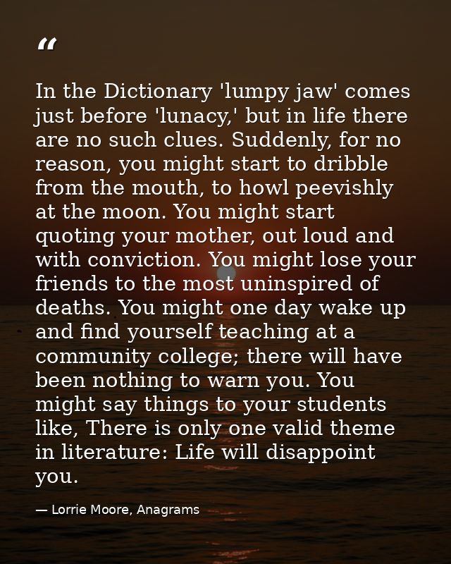 In the Dictionary 'lumpy jaw' comes just before 'lunacy,' but in life there are no such clues. Suddenly, for no reason,  — Lorrie Moore, Anagrams