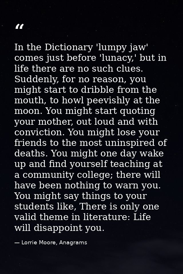In the Dictionary 'lumpy jaw' comes just before 'lunacy,' but in life there are no such clues. Suddenly, for no reason,  — Lorrie Moore, Anagrams