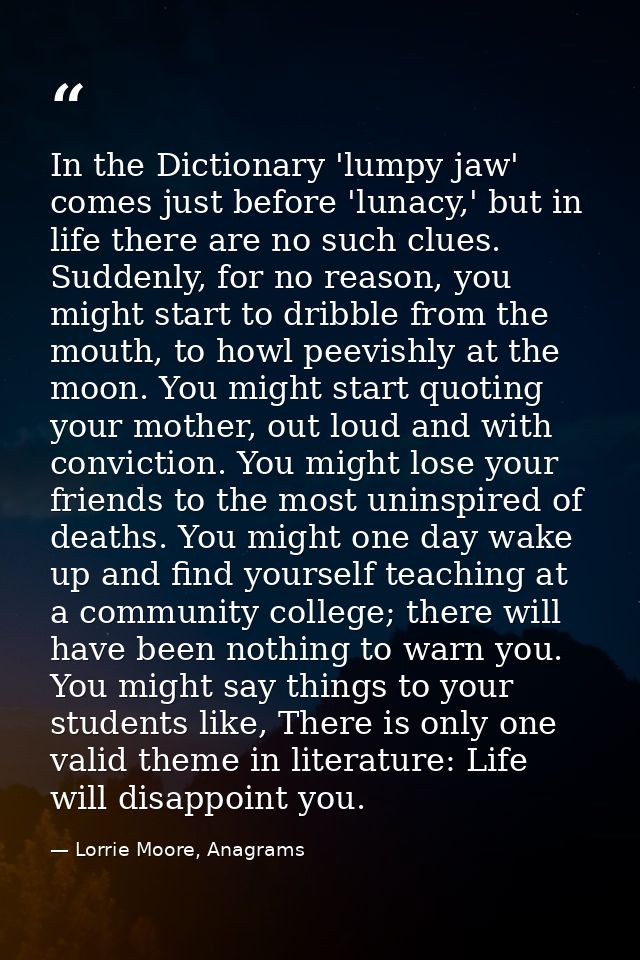 In the Dictionary 'lumpy jaw' comes just before 'lunacy,' but in life there are no such clues. Suddenly, for no reason,  — Lorrie Moore, Anagrams