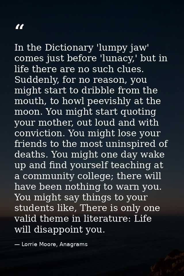 In the Dictionary 'lumpy jaw' comes just before 'lunacy,' but in life there are no such clues. Suddenly, for no reason,  — Lorrie Moore, Anagrams