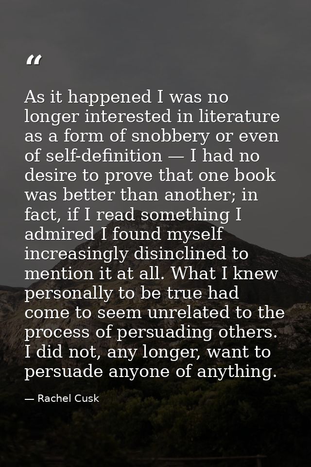 As it happened I was no longer interested in literature as a form of snobbery or even of self-definition — I had no desi — Rachel Cusk