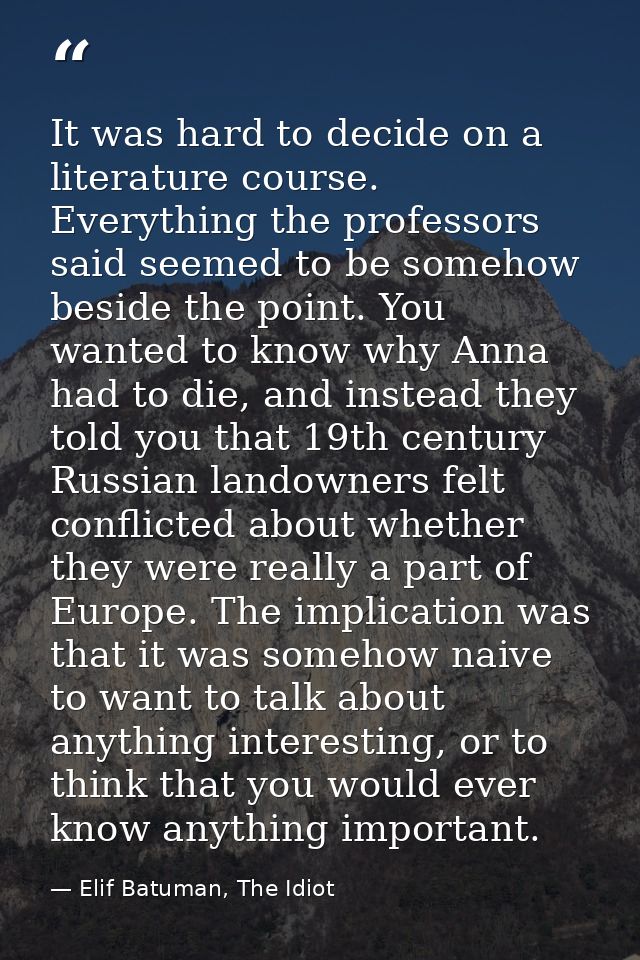 It was hard to decide on a literature course. Everything the professors said seemed to be somehow beside the point. You  — Elif Batuman, The Idiot