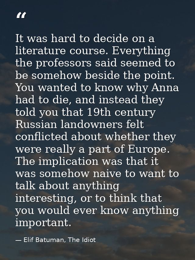 It was hard to decide on a literature course. Everything the professors said seemed to be somehow beside the point. You  — Elif Batuman, The Idiot