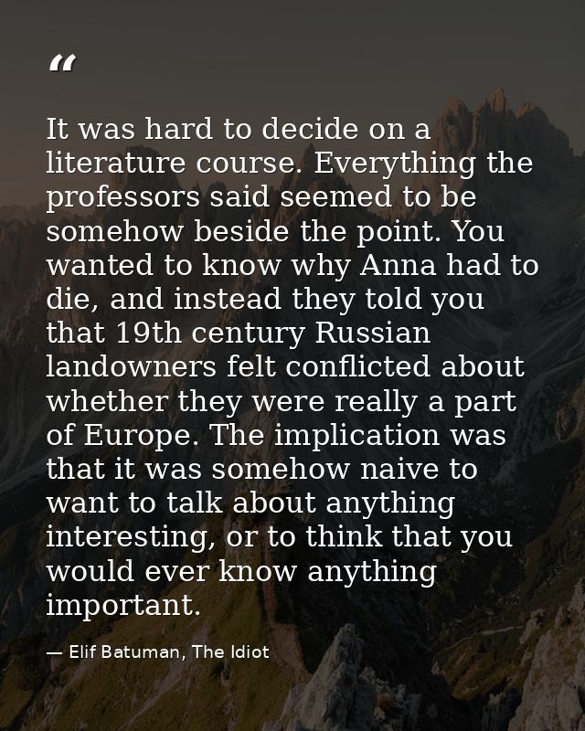 It was hard to decide on a literature course. Everything the professors said seemed to be somehow beside the point. You  — Elif Batuman, The Idiot
