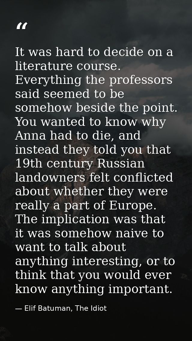 It was hard to decide on a literature course. Everything the professors said seemed to be somehow beside the point. You  — Elif Batuman, The Idiot