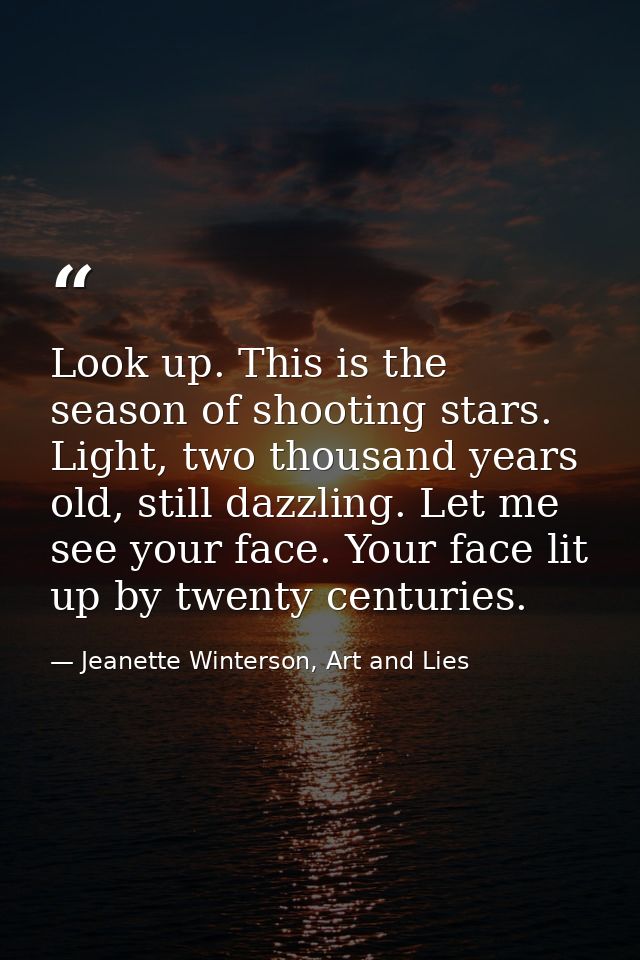 Look up. This is the season of shooting stars. Light, two thousand years old, still dazzling. Let me see your face. Your — Jeanette Winterson, Art and Lies