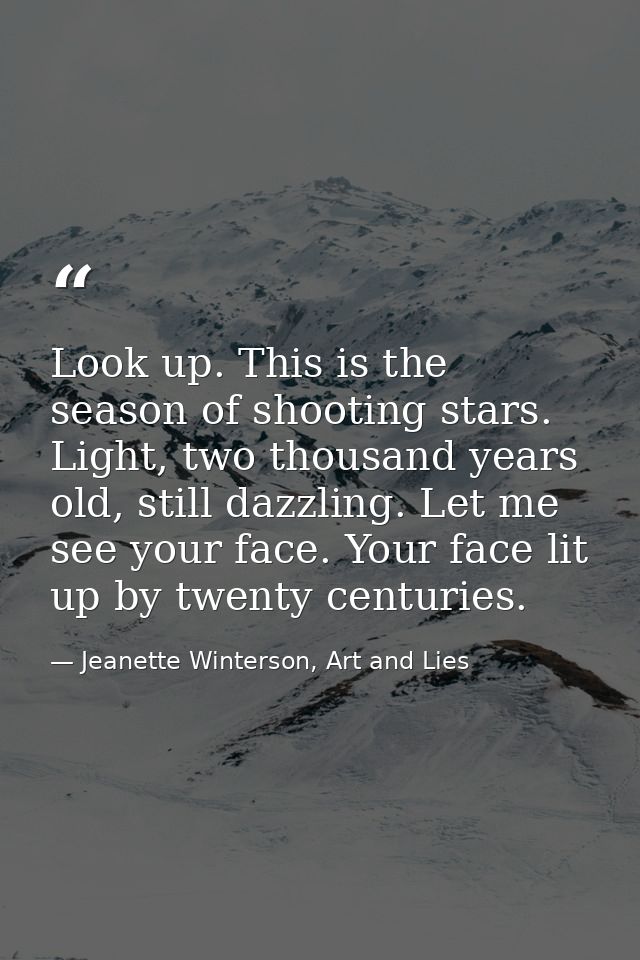 Look up. This is the season of shooting stars. Light, two thousand years old, still dazzling. Let me see your face. Your — Jeanette Winterson, Art and Lies