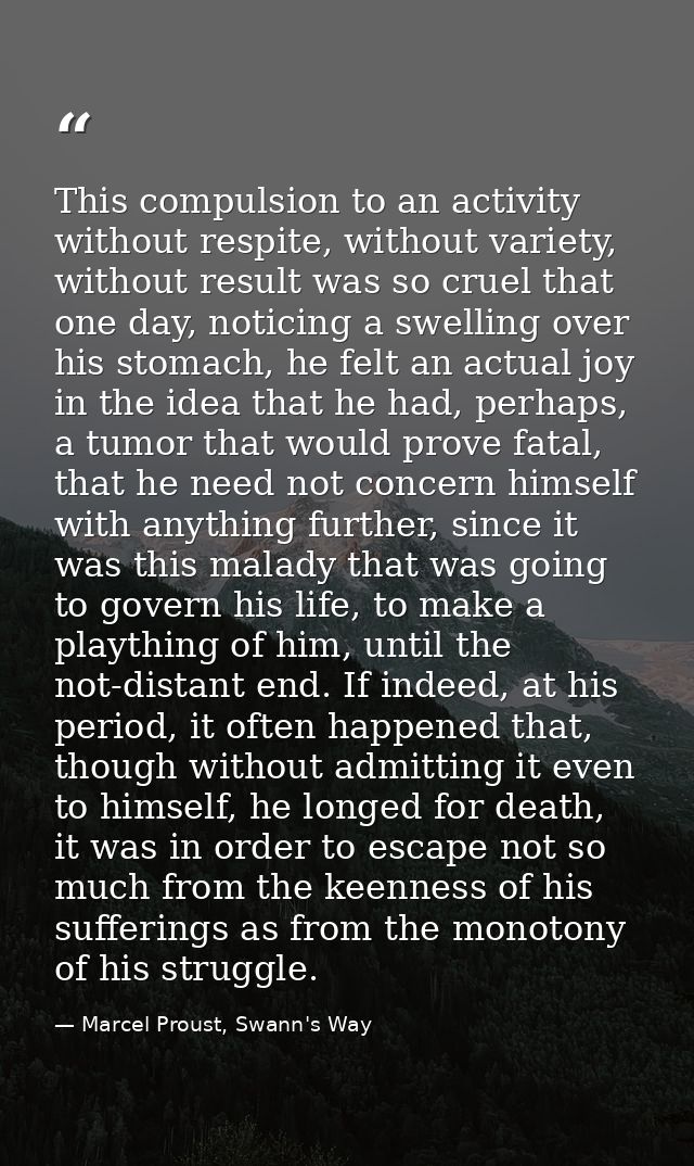 This compulsion to an activity without respite, without variety, without result was so cruel that one day, noticing a sw — Marcel Proust, Swann's Way