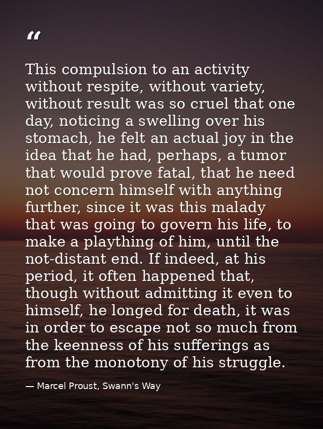 This compulsion to an activity without respite, without variety, without result was so cruel that one day, noticing a sw — Marcel Proust, Swann's Way