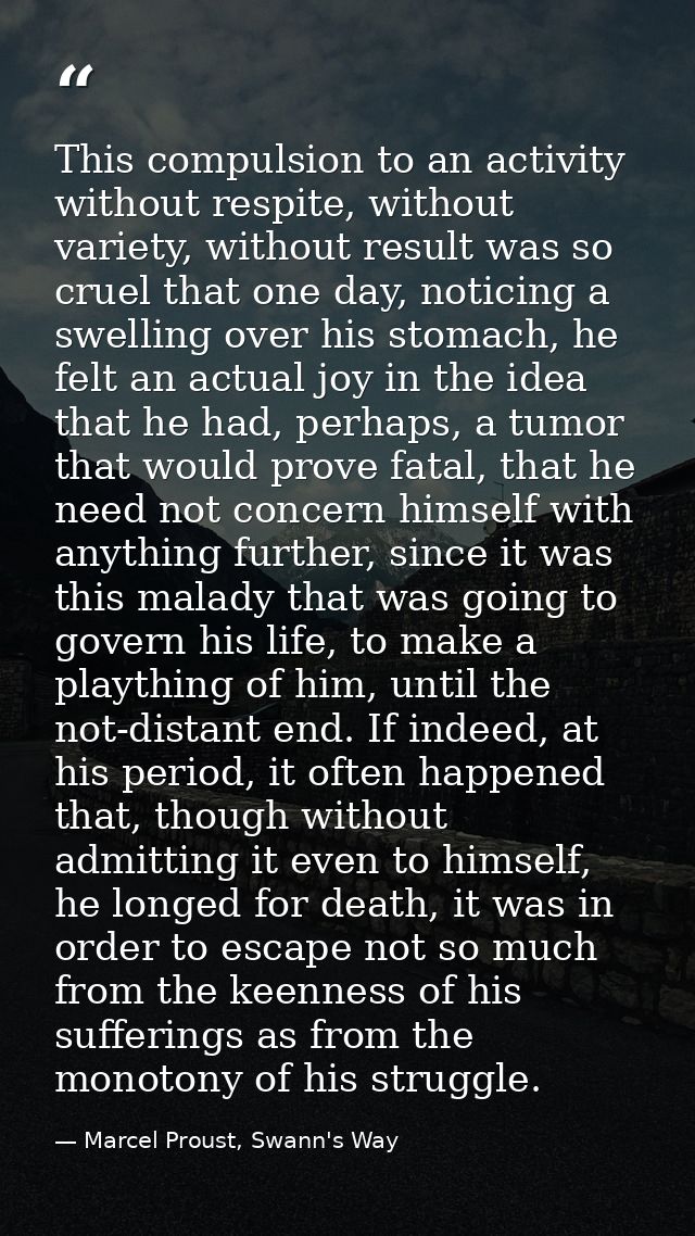 This compulsion to an activity without respite, without variety, without result was so cruel that one day, noticing a sw — Marcel Proust, Swann's Way