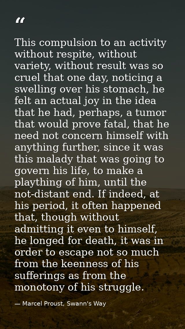This compulsion to an activity without respite, without variety, without result was so cruel that one day, noticing a sw — Marcel Proust, Swann's Way