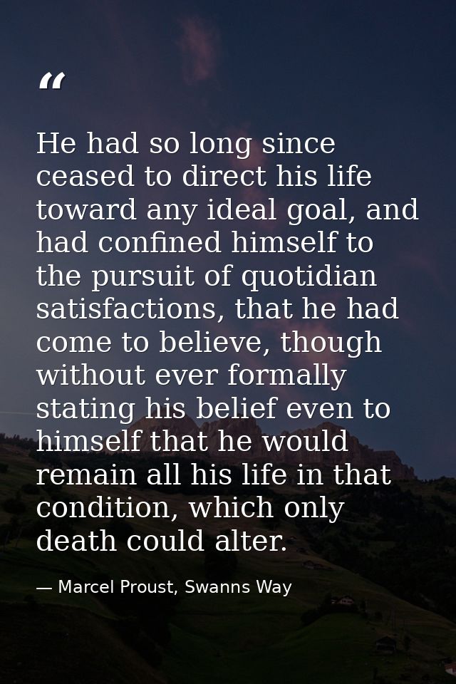He had so long since ceased to direct his life toward any ideal goal, and had confined himself to the pursuit of quotidi — Marcel Proust, Swanns Way
