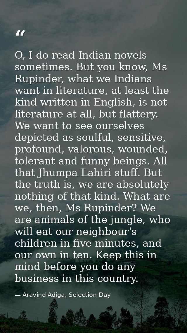O, I do read Indian novels sometimes. But you know, Ms Rupinder, what we Indians want in literature, at least the kind w — Aravind Adiga, Selection Day