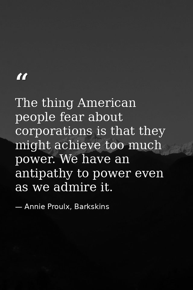 The thing American people fear about corporations is that they might achieve too much power. We have an antipathy to pow — Annie Proulx, Barkskins