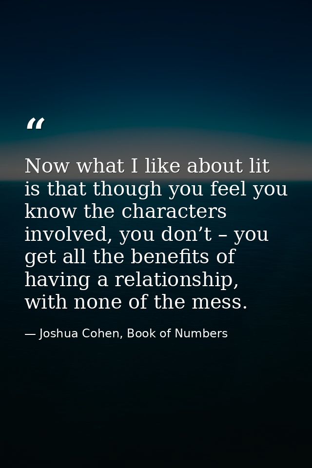 Now what I like about lit is that though you feel you know the characters involved, you don’t – you get all the benefits — Joshua Cohen, Book of Numbers