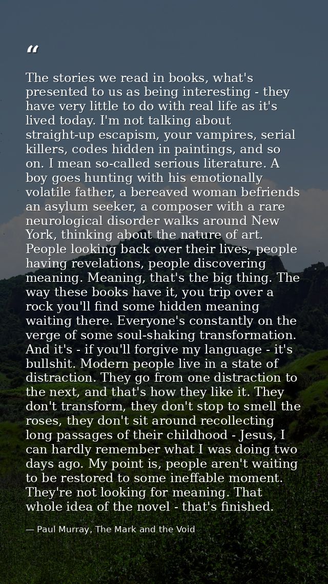 The stories we read in books, what's presented to us as being interesting - they have very little to do with real life a — Paul Murray, The Mark and the Void