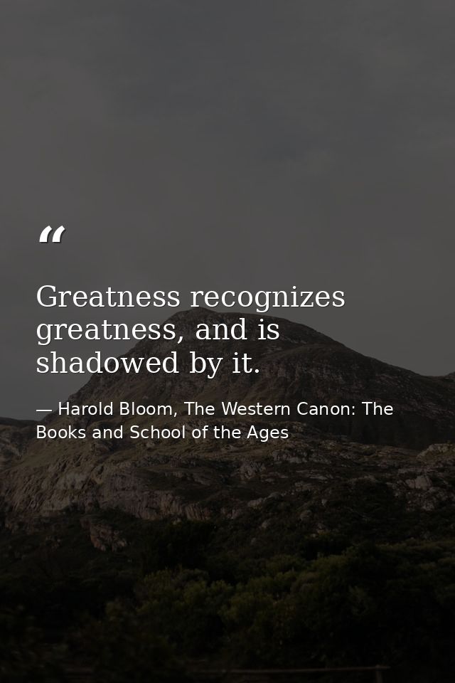 Greatness recognizes greatness, and is shadowed by it. — Harold Bloom, The Western Canon: The Books and School of the Ages