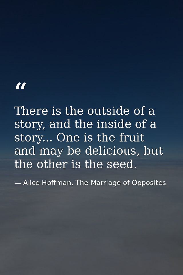 There is the outside of a story, and the inside of a story... One is the fruit and may be delicious, but the other is th — Alice Hoffman, The Marriage of Opposites