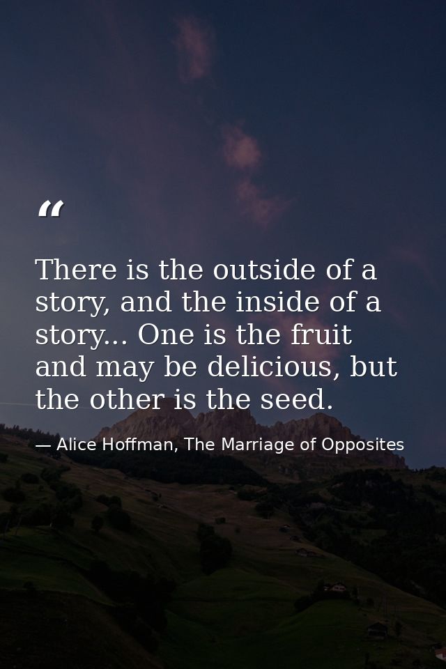 There is the outside of a story, and the inside of a story... One is the fruit and may be delicious, but the other is th — Alice Hoffman, The Marriage of Opposites