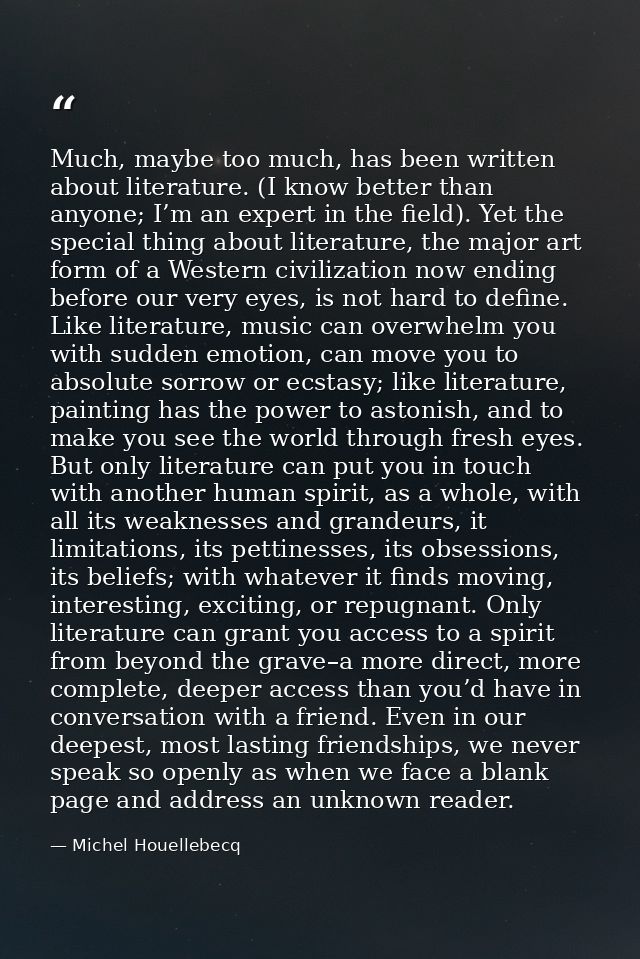 Much, maybe too much, has been written about literature. (I know better than anyone; I’m an expert in the field). Yet th — Michel Houellebecq