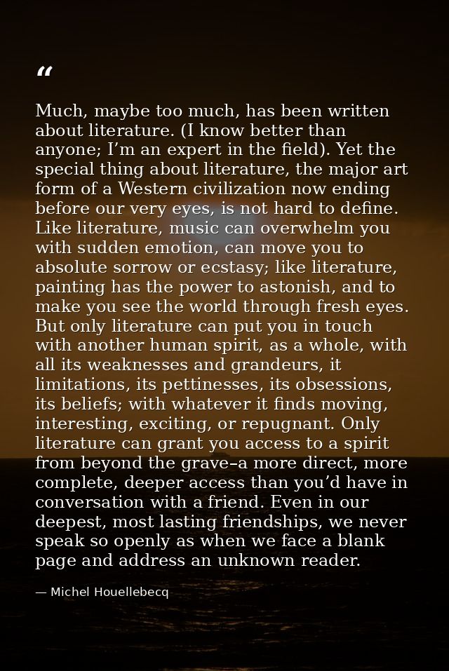 Much, maybe too much, has been written about literature. (I know better than anyone; I’m an expert in the field). Yet th — Michel Houellebecq