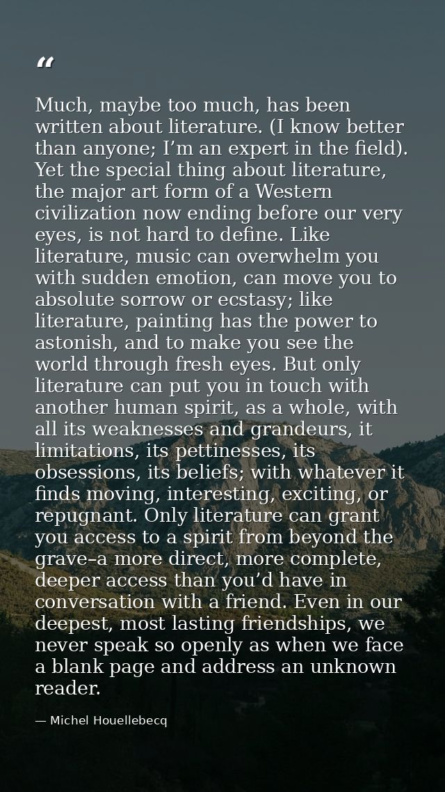 Much, maybe too much, has been written about literature. (I know better than anyone; I’m an expert in the field). Yet th — Michel Houellebecq