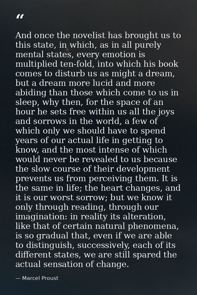 And once the novelist has brought us to this state, in which, as in all purely mental states, every emotion is multiplie — Marcel Proust