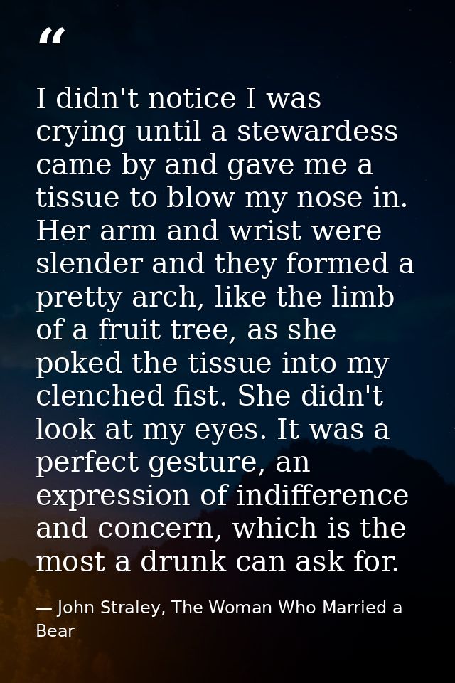 I didn't notice I was crying until a stewardess came by and gave me a tissue to blow my nose in. Her arm and wrist were  — John Straley, The Woman Who Married a Bear