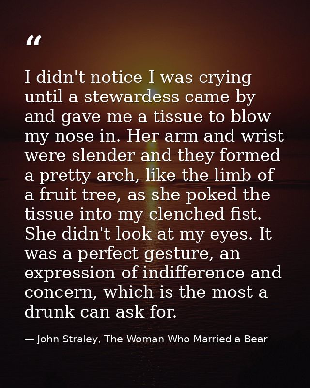 I didn't notice I was crying until a stewardess came by and gave me a tissue to blow my nose in. Her arm and wrist were  — John Straley, The Woman Who Married a Bear