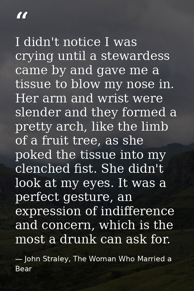 I didn't notice I was crying until a stewardess came by and gave me a tissue to blow my nose in. Her arm and wrist were  — John Straley, The Woman Who Married a Bear