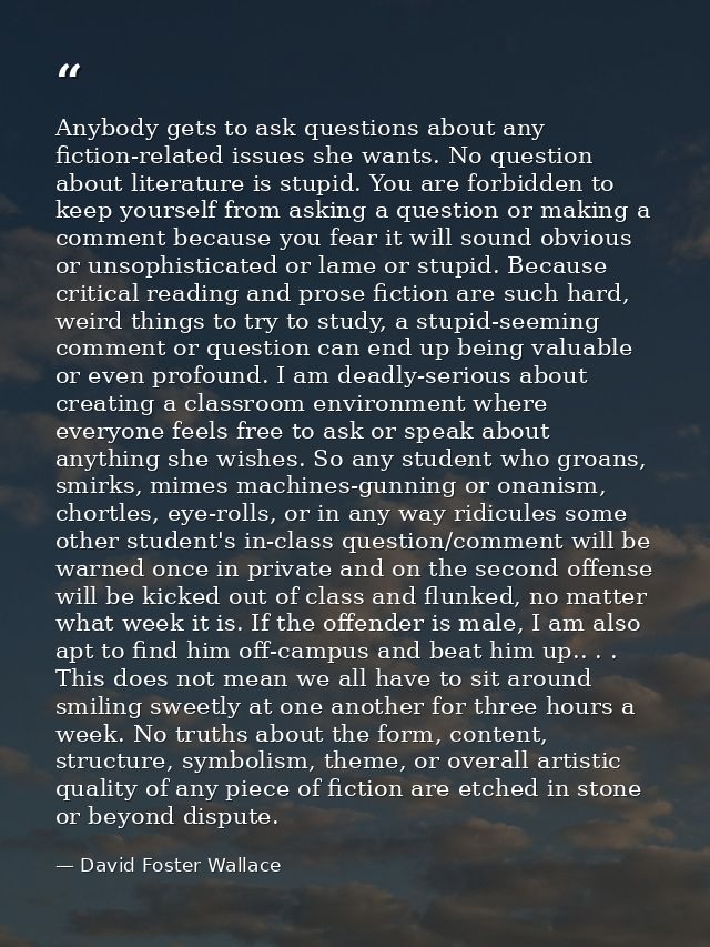 Anybody gets to ask questions about any fiction-related issues she wants. No question about literature is stupid. You ar — David Foster Wallace