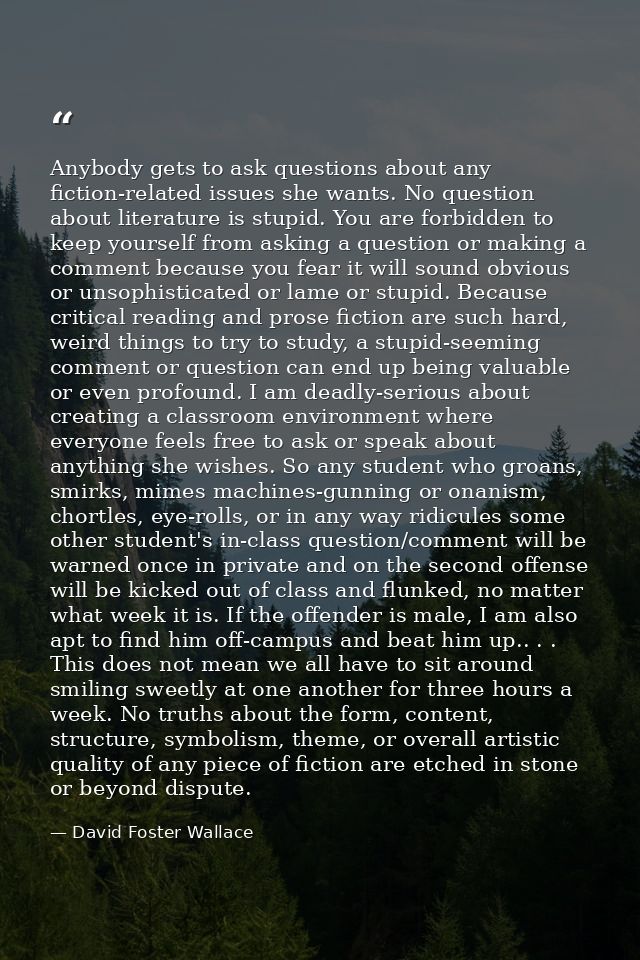 Anybody gets to ask questions about any fiction-related issues she wants. No question about literature is stupid. You ar — David Foster Wallace