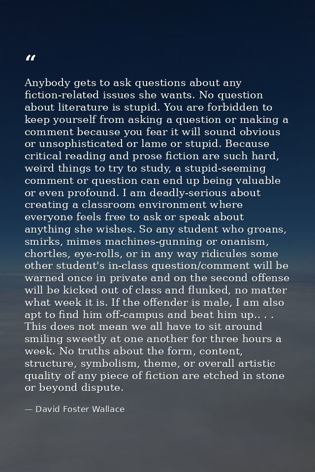 Anybody gets to ask questions about any fiction-related issues she wants. No question about literature is stupid. You ar — David Foster Wallace
