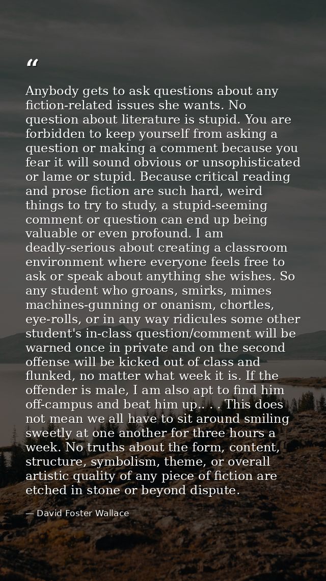 Anybody gets to ask questions about any fiction-related issues she wants. No question about literature is stupid. You ar — David Foster Wallace